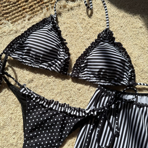 Striped Print Halter Neck Three Piece Bikini Set Black