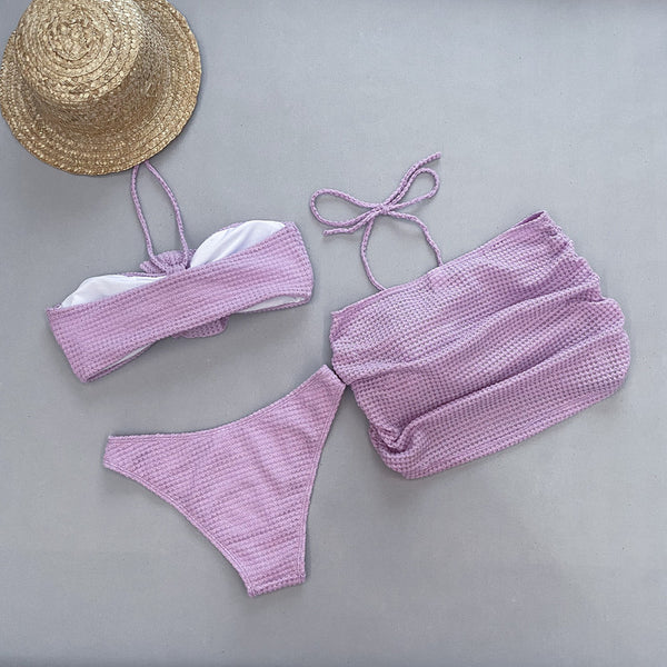 Hollow Three Dimensional Flower Suspender Three Piece Bikini Set Light Purple