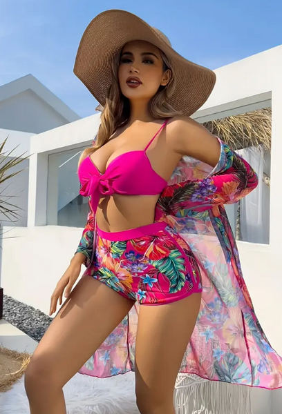 Tropical Print Underwire Bikini Swimsuit With Kimono Pink