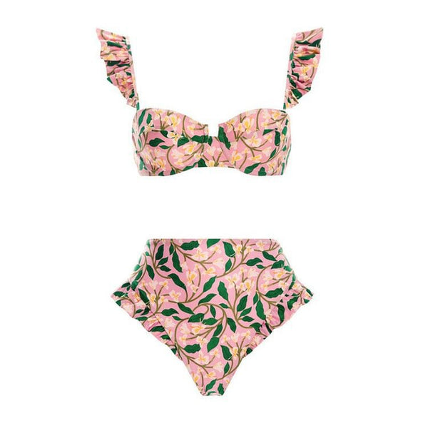 Ruffled Floral Print Underwire High Wasit Bikini Pink