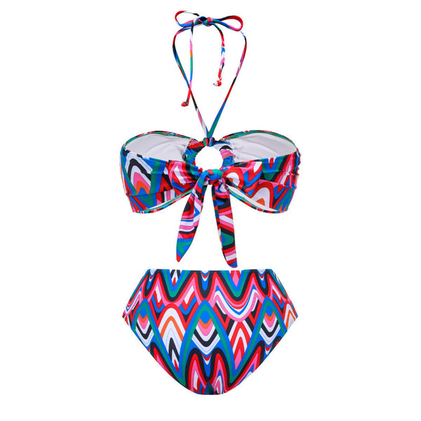 Wavy Print Halter Neck Three Piece Swimsuit Multicolor