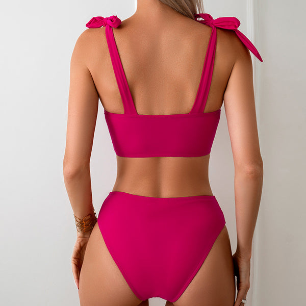 Ruched Tied Three-Piece Bikini Set Dark Pink