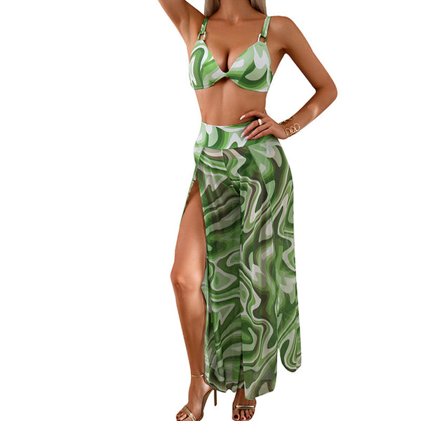 Unique Printed Bikini  Loose Trousers High Waist Three-Piece Set Green