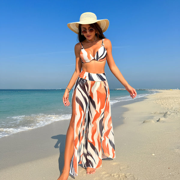 Unique Printed Bikini  Loose Trousers High Waist Three-Piece Set Multicolor