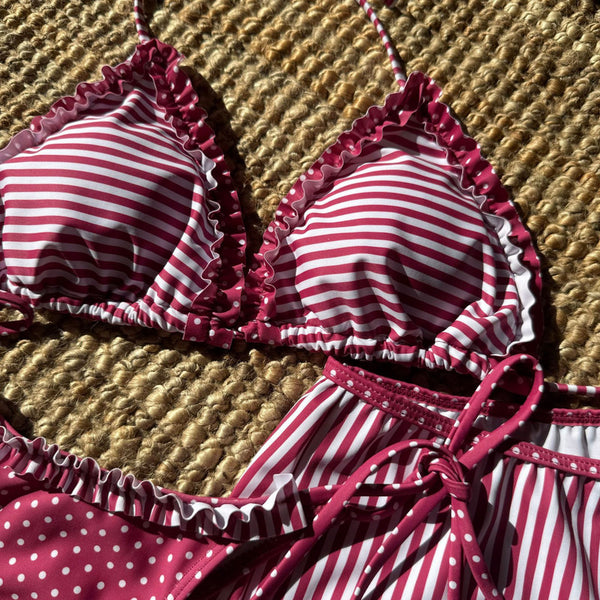 Striped Print Halter Neck Three Piece Bikini Set Maroon