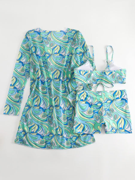 Plus 3pack Allover Print Drawstring Front Bikini Swimsuit Green
