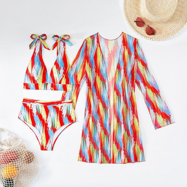 Random Print Bikini Top and High Waist Bottom With Cover UP Red