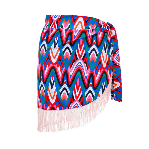 Wavy Print Halter Neck Three Piece Swimsuit Multicolor