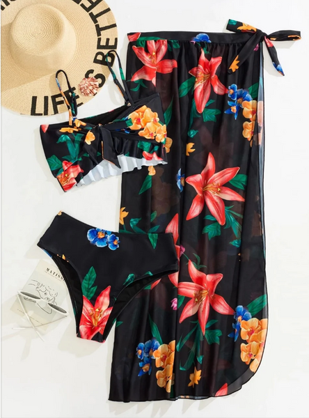 Floral Print 3pack Ruffle Hem Bikini Swimsuit Black