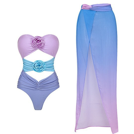 Gradient Flower With Strap Hollow One Piece Swimsuit with Mesh Skirt Two Piece Swimwear Multicolor