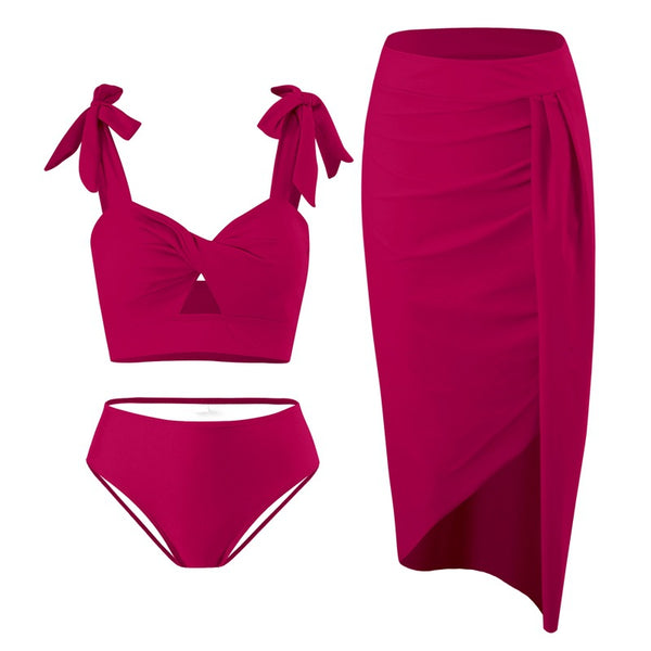 Ruched Tied Three-Piece Bikini Set Dark Pink