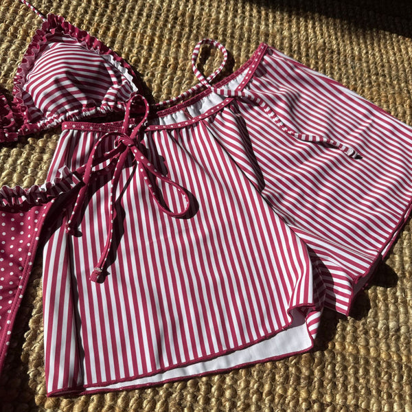 Striped Print Halter Neck Three Piece Bikini Set Maroon