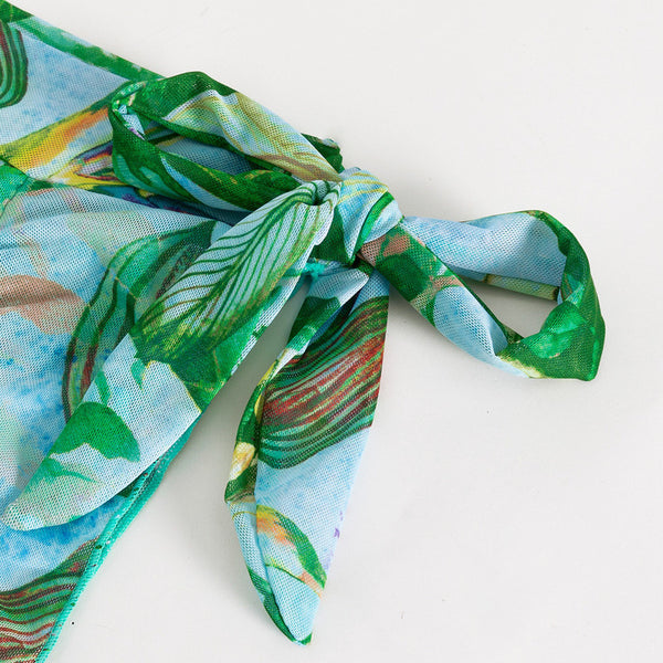Floral Shoulder Strap Three Piece Swimsuit Green