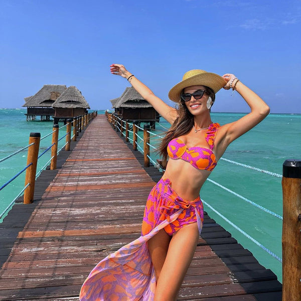 Shoulder Strap Multicolored Fuchsia Three Piece Swimsuit Dark Pink