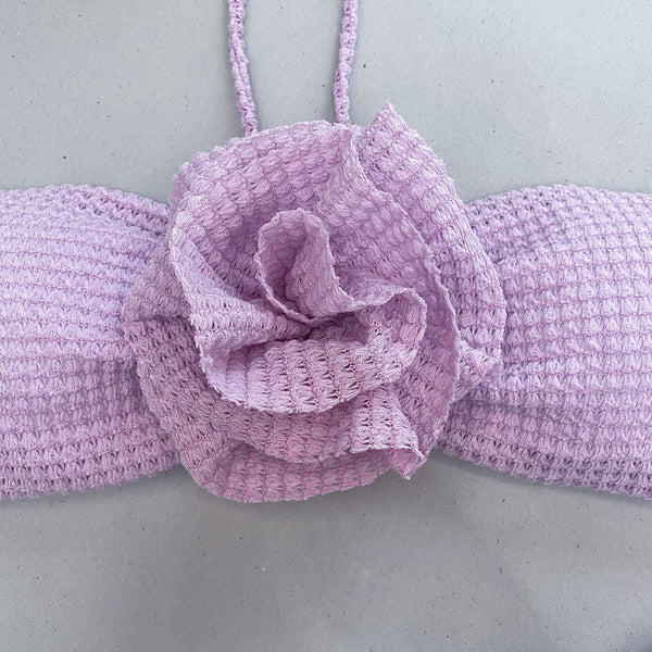 Hollow Three Dimensional Flower Suspender Three Piece Bikini Set Light Purple