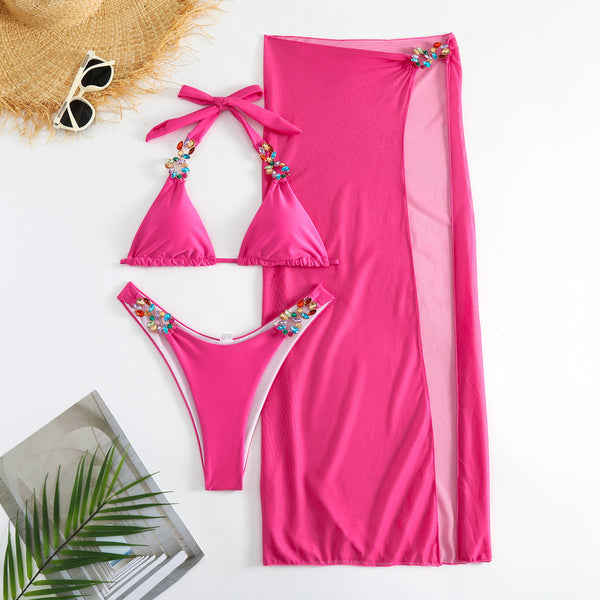 Rhinestone Decor Triangle Halter Neck Three Piece Bikini with Sarong Pink