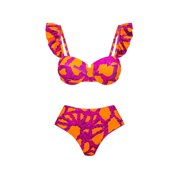 Shoulder Strap Multicolored Fuchsia Three Piece Swimsuit Dark Pink