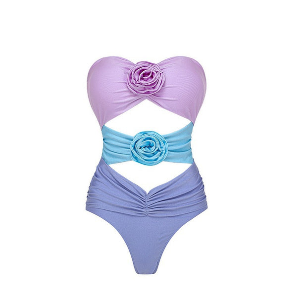 Gradient Flower With Strap Hollow One Piece Swimsuit with Mesh Skirt Two Piece Swimwear Multicolor