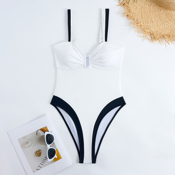 White Solid Deep V One-Piece Set