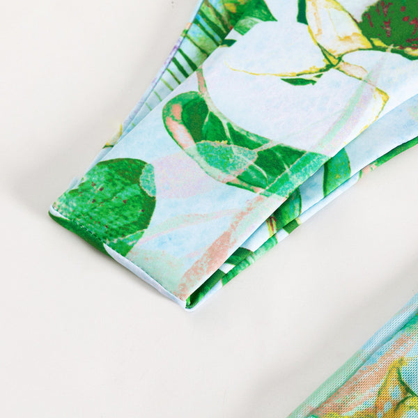 Floral Shoulder Strap Three Piece Swimsuit Green