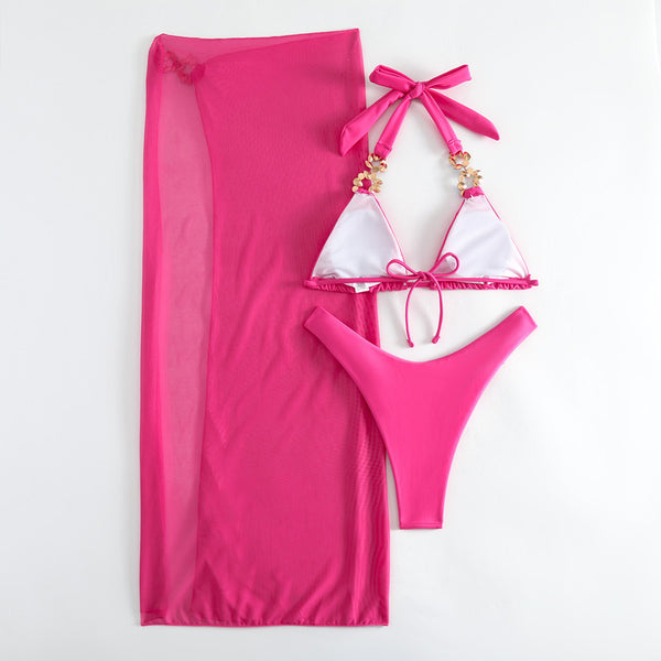 Rhinestone Decor Triangle Halter Neck Three Piece Bikini with Sarong Pink