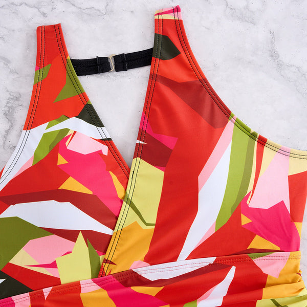V Neck Tropical Print Tankini Two-Piece Swimsuit Multicolor