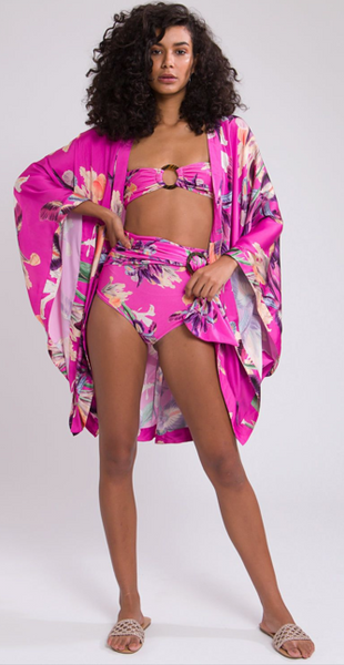 Pink Tropical Halter Bikini Set With Kimono Coverup