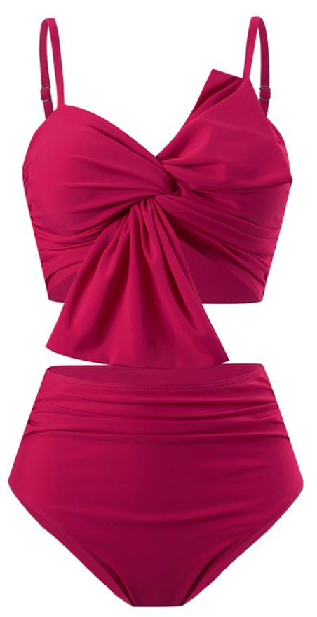 Front Knot Ruched Bikini Set Pink - Main Image