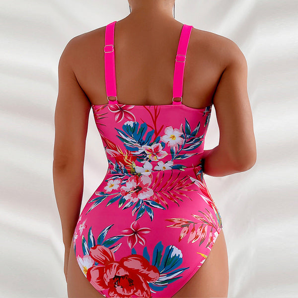 Tropical Print One Piece Swimsuit Pink