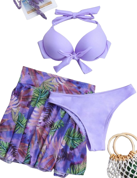 Purple Knot Push Up Bikini Swimsuit & Plant Print Beach Skirt