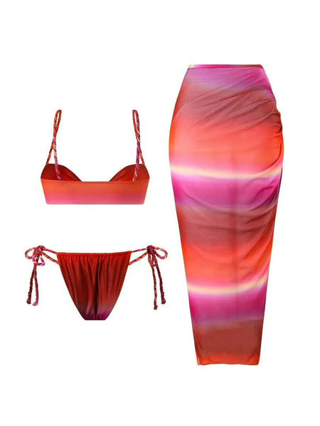 Red Solid Bikini Set With Sarong Without Pads