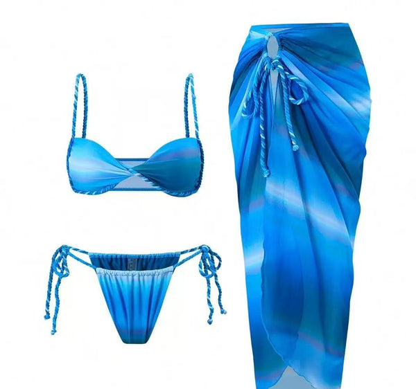 Blue Solid Bikini Set With Sarong Without Pads