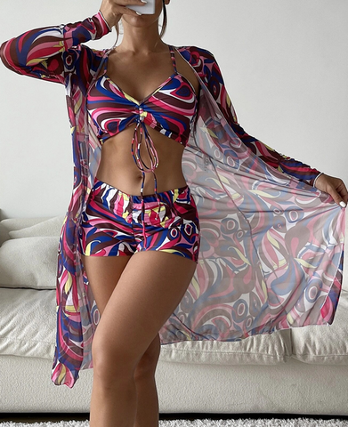 Plus 3pack Allover Print Drawstring Front Bikini Swimsuit Pink