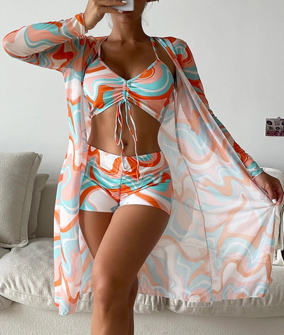 Plus 3pack Allover Print Drawstring Front Bikini Swimsuit Orange