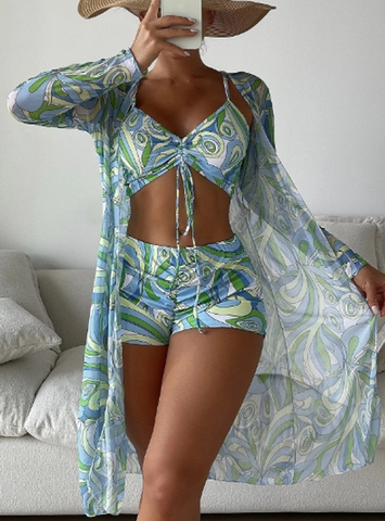 Plus 3pack Allover Print Drawstring Front Bikini Swimsuit Green