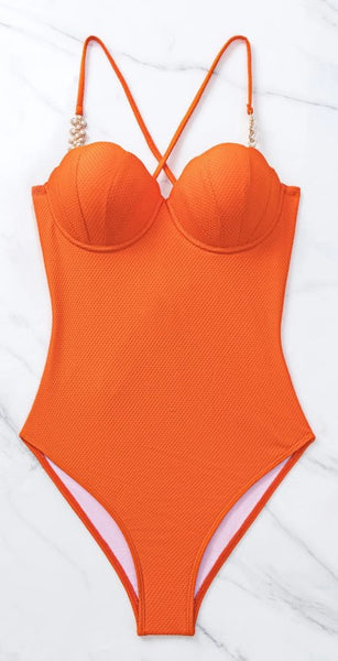 One Piece Textured Swimsuit Halter neck orange