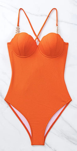 One Piece Textured Swimsuit Halter neck orange 