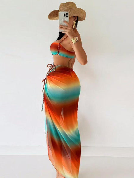 Multicolor Solid Bikini Set With Sarong Without Pads