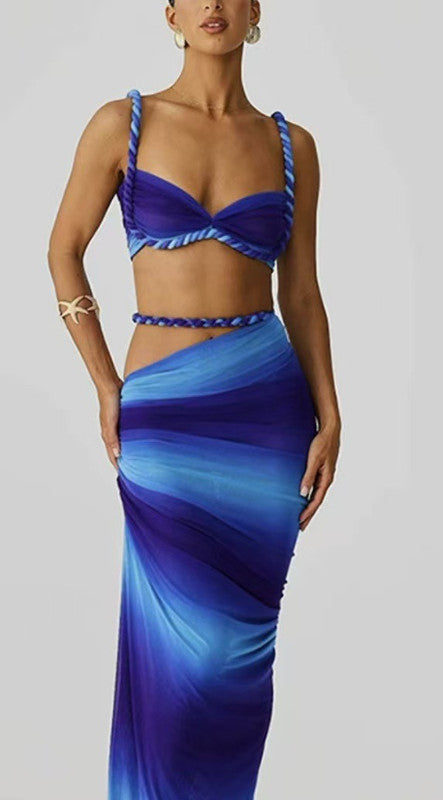 Gradient Bikini & Wrap Skirt Set Stylish Two Piece shoulder strap Without Pads Blue 