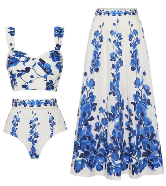 Blue Floral High Waisted Bikini Set With Maxi Cover Up