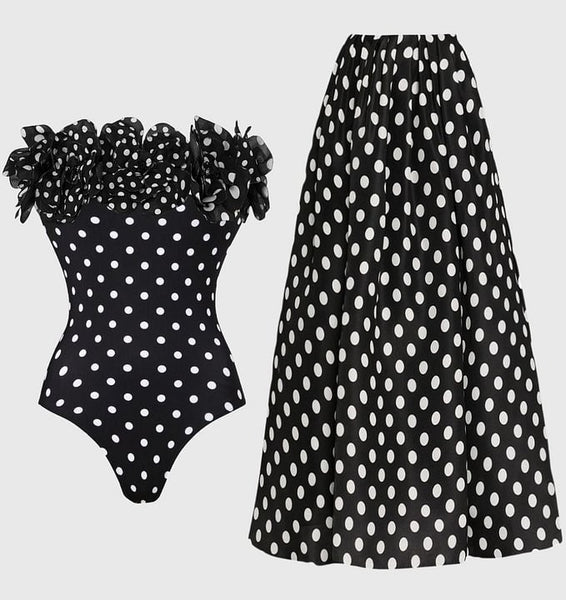 Black Polka Dots Off Shoulder One Piece Swimsuit With Maxi Cover Up