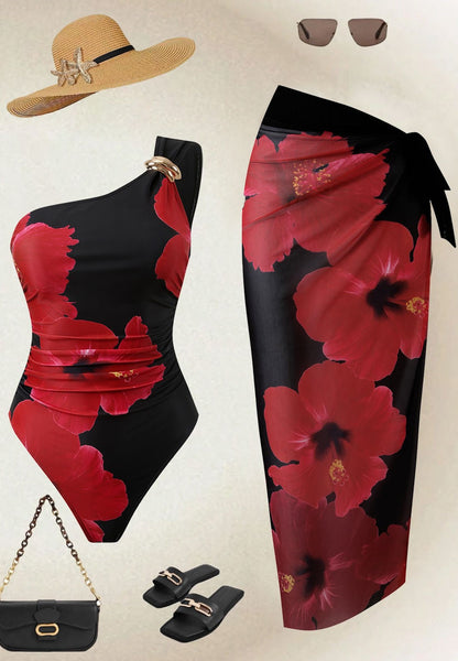 Black Floral One Shoulder One Piece Swimsuit With Sarong