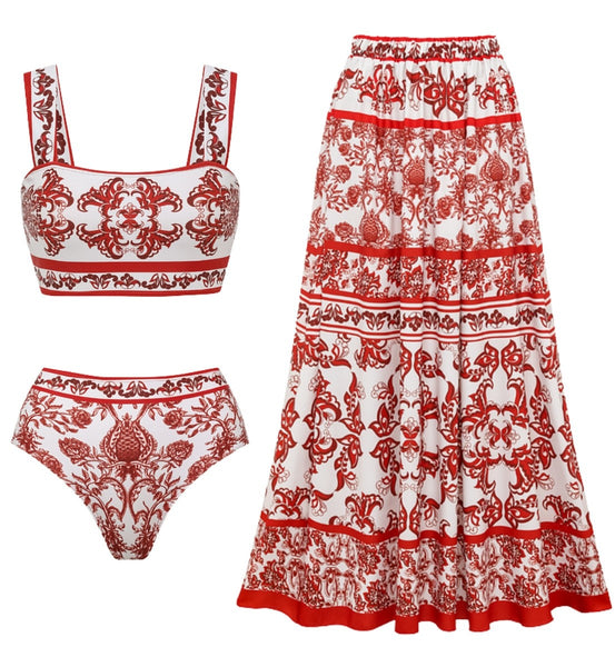 Red Majolica print High Waisted Bikini Set With Beach Skirt