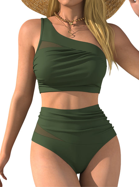 Green Solid One Shoulder Bikini Set