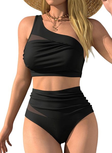 Black Solid One Shoulder Bikini Set