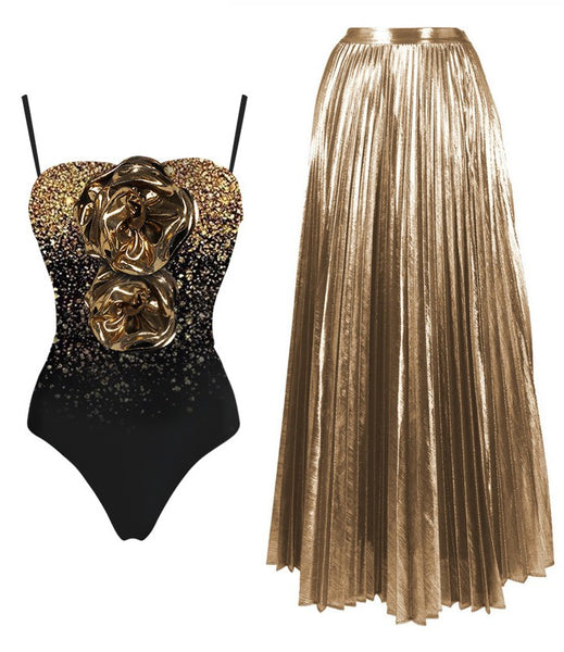 Multicolor Sequin Gradient Monokini Swimsuit With Beach Skirt