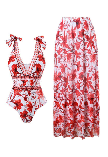 Red Floral One Piece Swimsuit With Maxi Cover Up