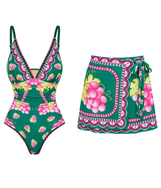 Green Fruit Print Deep V One-Piece Swimsuit With Beach Skirt