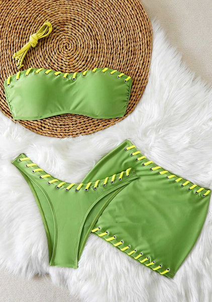 Green Solid High Leg Bikini Set With Beach Skirt