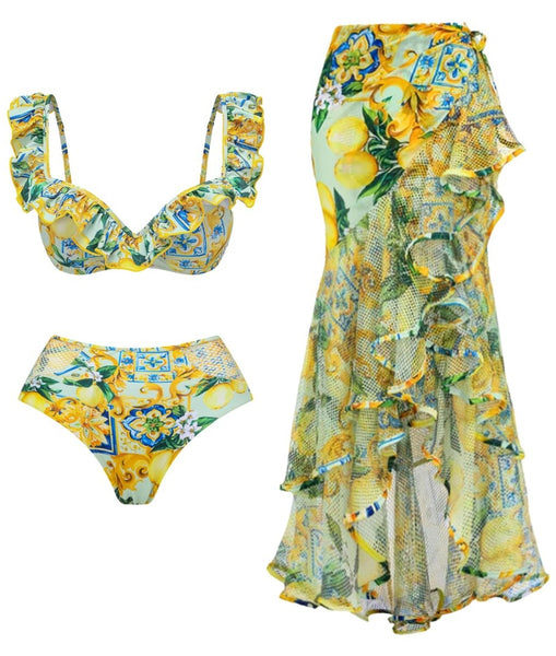 Yellow Fruit Print Underwire Bikini Set With Sarong